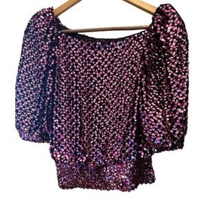 Vintage Y2K Pink Sequin Square Neck Puff Sleeve Crop Top Disco Party Clubwear